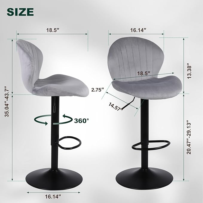 Modern Bar Stools Set of 2, Velvet Height Adjustable Swivel Barstools, Armless Kitchen Island Counter Chairs with Back & Footrest, Grey