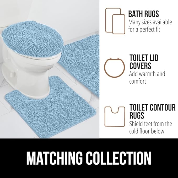GORILLA GRIP Plush Absorbent Shaggy Chenille Bath Rug Mat for Oval Toilet Base with Rubber Backing, Machine Washable Rugs, Soft Microfiber Contour Mats for Toilets, Bathroom Decor, Sky
