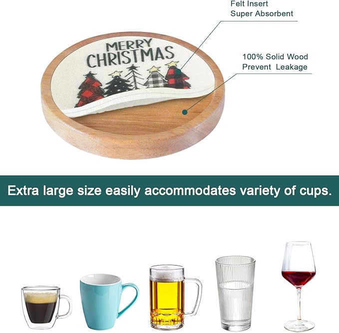 Christmas Tree Coasters for Drinks, Minacun Absorbent Coaster Set of 5, White Elephant Gifts, Secret Santa Gifts, Xmas Decor, Drinks Coasters for Coffee Tabletop Protection, 4.3 Inches