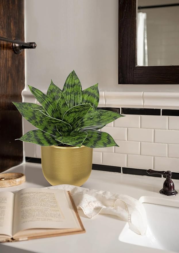 Hollyone Artificial Snake Plants 9" Faux Agave Succulent Plant Potted in Gold Pot Fake Sansevieria Aloe Tropical Plant for Desk Modern Office Home Bathroom Indoor Outdoor Decor