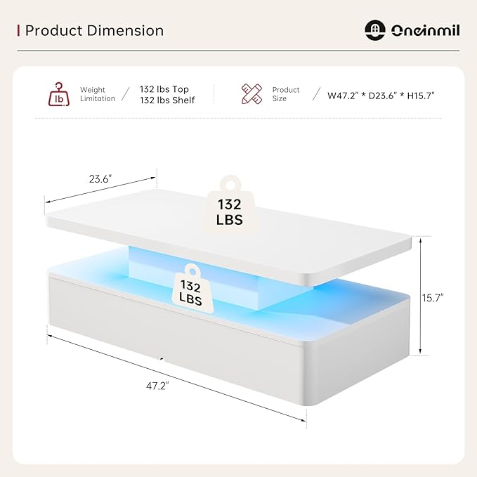 oneinmil Modern LED Coffee Table, 47" Living Room Tables with Double-Layer Design, 16 Colors LED Lights, Stylish Coffee Tables for Living Room, Home, Office, White