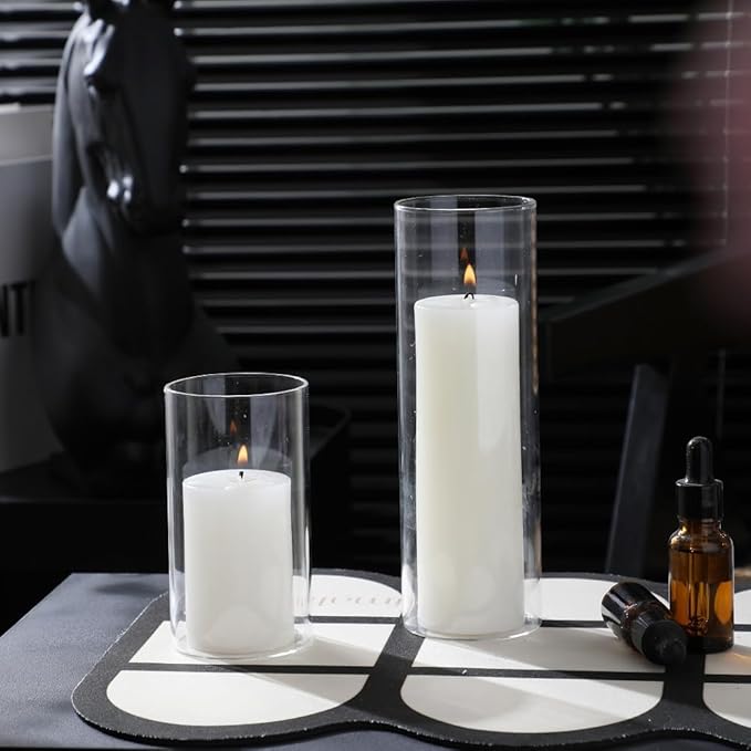Set of 3 White Pillar Candles and Glass Candle Holders, Clear Cylinder Vases Pillar Candle Holders for Pillar Candles, Hurricane Candle Set for Party, Table, Home Decor, Wedding Centerpieces