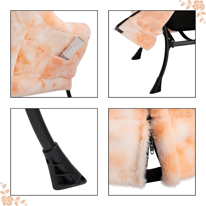 HollyHOME Faux-Fur Lazy Chair with Foldable Ottoman, Accent Comfy Lounge Arm Chair and Folding Footrest Stool Set, Leisure Sofa Reading Chair and Footstool for Living Room, Bedroom, Orange&White