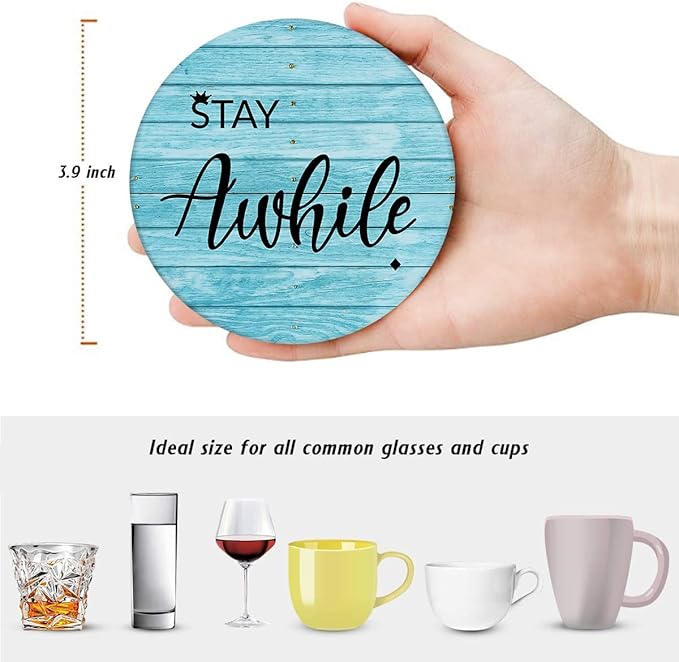 Britimes Coaster for Drinks Set of 6, Antique Teal Blue Wood Beach Table Absorbent Round Ceramic Stone Mat, with Cork Base and Metal Holder, Gift for Housewarming Room Bar Decor