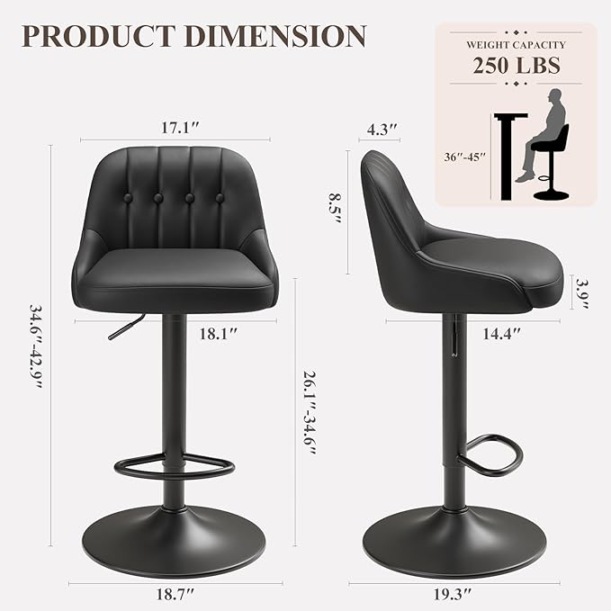 Bar Stools Set of 1, Swivel Bar Chairs, Modern Adjustable PU Leather Upholstered Barstools Counter Height with Tufted Back for Bar, Kitchen Counter Island, Dining Room, Black