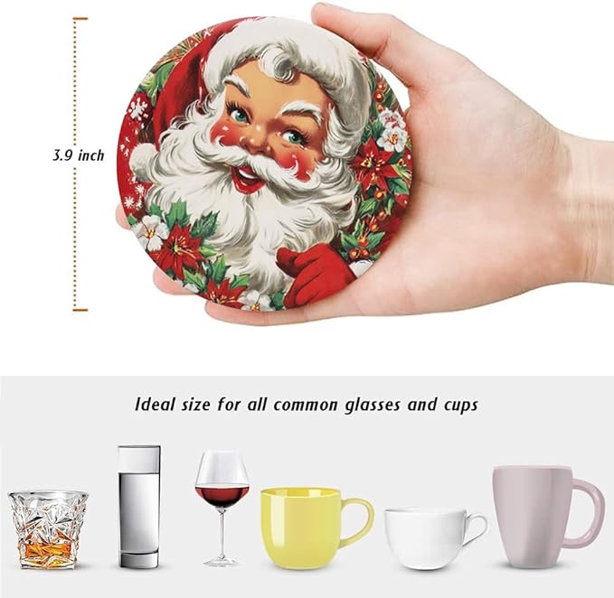 Christmas Absorbent Coasters with Holder Set of 6, Ceramic Stone with Cork Base, Cute Santa Claus Coaster for Drinks, Gift for Housewarming Room Bar Home Decor Kitchen