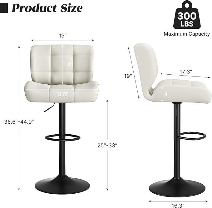 Modern Bar Stools Set of 2, Faux Leather Upholstered Swivel Bar Stools, Adjustable Counter Height Bar Chairs with High Back and Footrest for Kitchen Island (Beige)