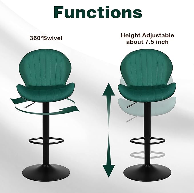 Modern Bar Stools Set of 2, Velvet Height Adjustable Swivel Barstools, Armless Kitchen Island Counter Chairs with Back & Footrest, Green