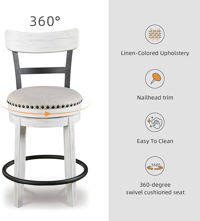 Signature Design by Ashley Valebeck 24.5" Modern Swivel Counter Height Barstool, Whitewash