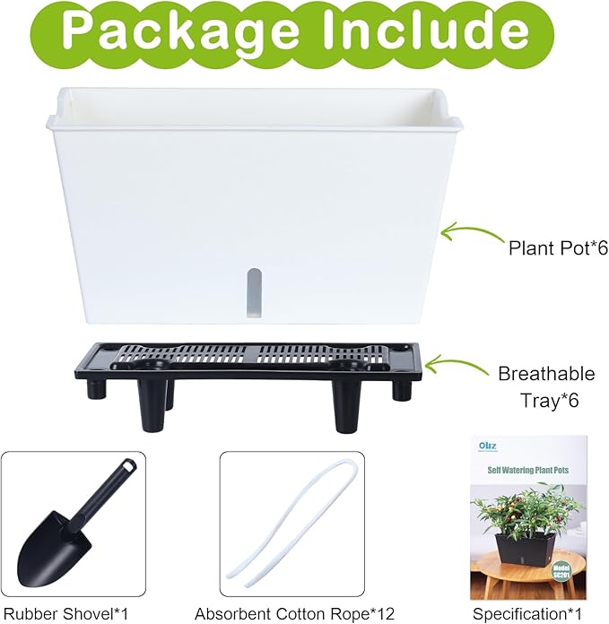 Window Box Planter 6 Pcs, 12.1 Inches Self Watering Plant Pots Rectangle Flower Pots with Drainage Holes and Breathable Trays, Vegetable Planters for Windowsill Patio Garden Balcony Porch Yard (White)