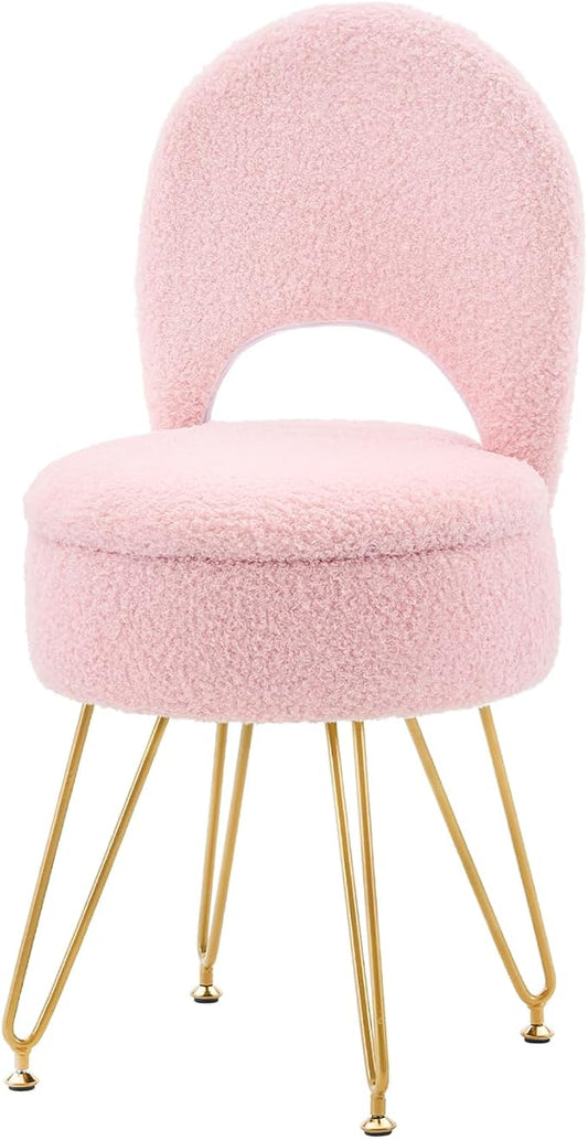 Storage Ottoman Vanity Stool Chair with Folding Back Teddy Velvet Makeup Chair Multifunctional Upholstered Footstool,4 Metal Legs with Anti-Slip Feet for Bedroom Living Room Entryway