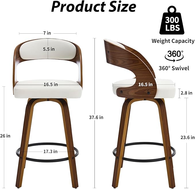 Swivel Bar Stools Set of 2, Walnut Counter Height Bar Stools with Back and Arms, 26" Modern Faux Leather Upholstered Bar Chairs with Bentwood Frame for Kitchen Island Bar - White