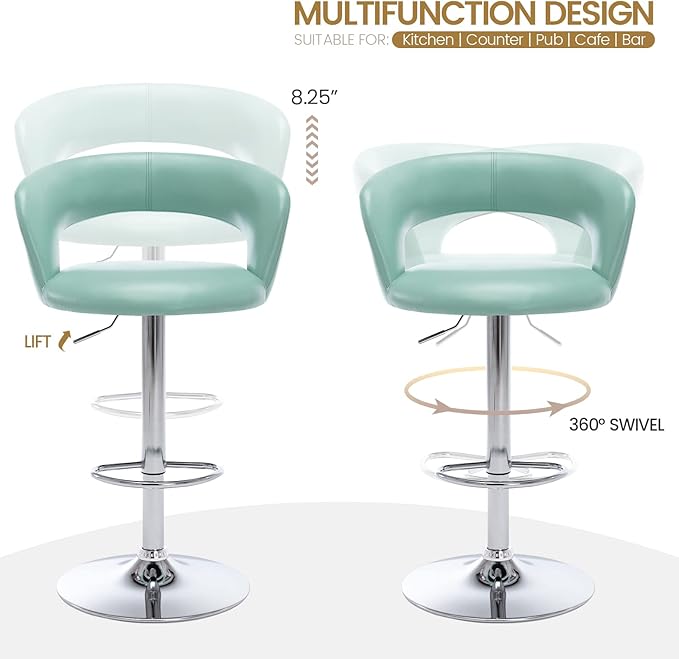 Brage Living Wide Bar Stool, Modern PU Leather Swivel Adjustable Barstool with Hollow Back and Arms, Upholstered Airlift Counter Height Bar Chair for Kitchen Dining (Mint Green)