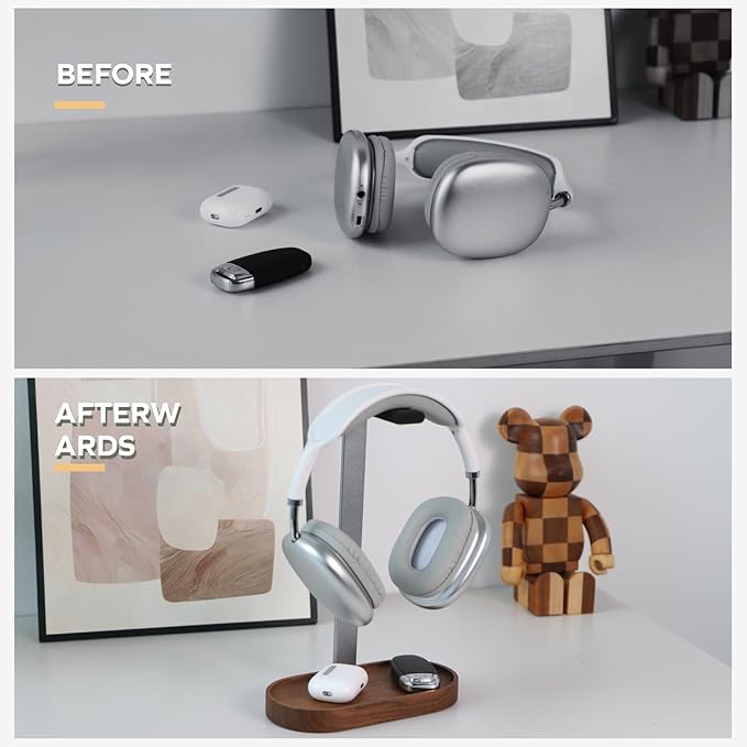 muso wood Headphone Stand & Desktop Headset Holder | Space-Saving Premium Solid Wood Storage Base for Gaming Headsets, AirPods Max, VR Gear – Modern Desktop/Workspace Essential