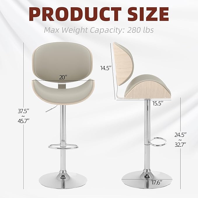 civama Bar Stools Set of 6 for Kitchen Counter, Adjustable Bar Height Chairs, Modern Swivel Barstools with Bentwood Seat and Back with Footrest for Kitchen Island, Dining Room, Grey PU Leather