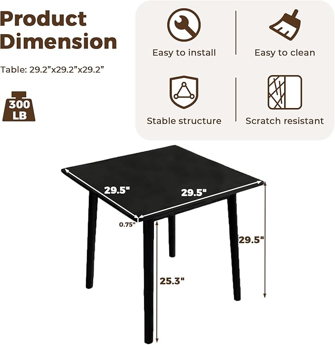 DELAVIN 29.5" Solid Wood Dining Table, Modern Small Dining Table, Square Farmhouse Kitchen Table, Cafe Table for Living Room Dining Room, Easy Assembly, Black