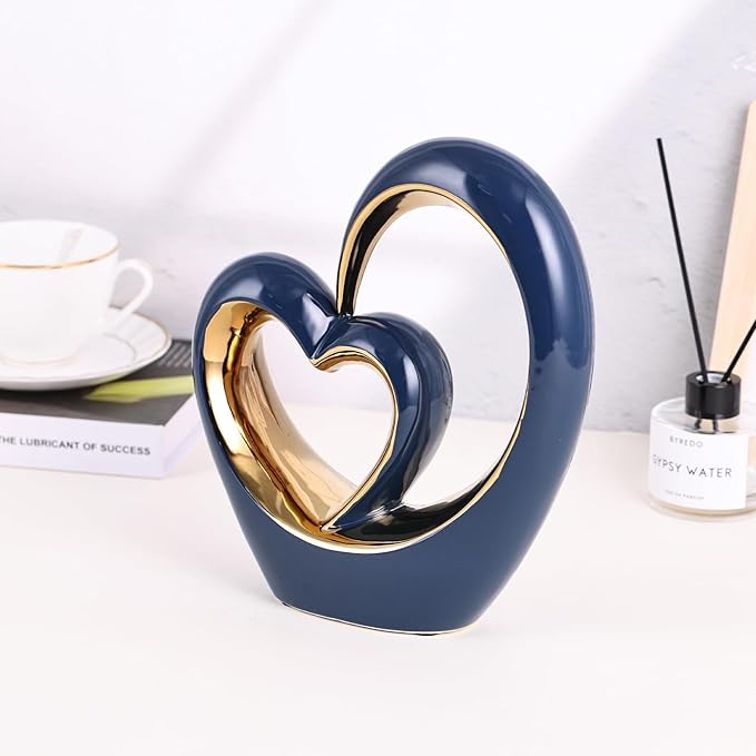 Ceramic Heart Decor Love Statue, Navy Blue Gold Double Hearts Sculptures for Home Table Centerpiece Decor, Valentine, Wedding, Decorative Items for Shelves, Coffee Table Decor (S Heart-Round)