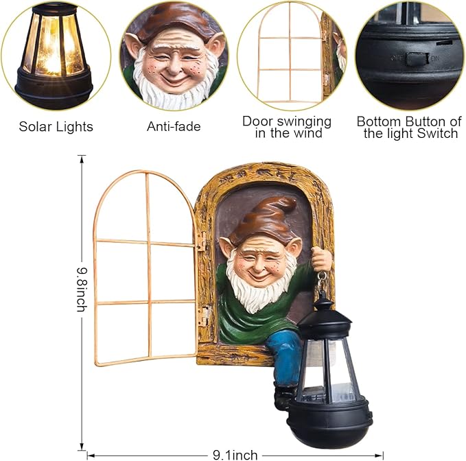 Gnomes Statue with Solar Lights Christmas Decorations Whimsical Fairy Garden-Elf Outdoor Tree Hugger Garden Statues- Tree Face Sculpture, Yard Art for Patio,Fence,Lawn,Wall Gnomes Ornament