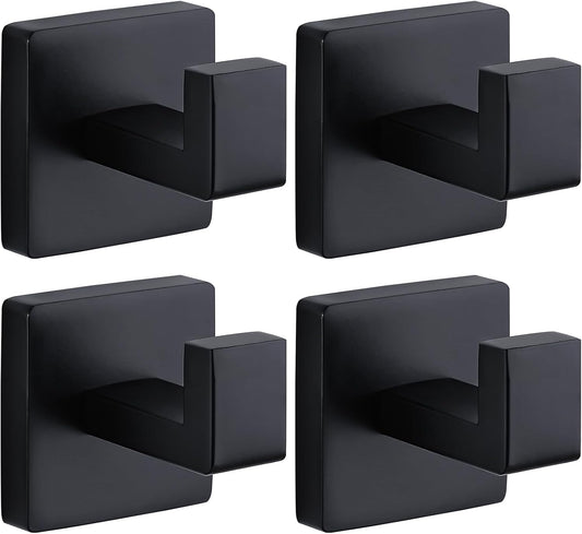 Towel Hooks for Bathrooms Robe Hook Coat Hook 4 Pack Matte Black Stainless Steel Heavy Duty Wall Mounted Square Hooks for Bathroom Kitchen Bedroom