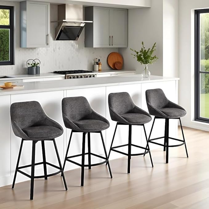 Zesthouse Swivel Bar Stools Set of 2, Modern Counter Height Barstools with Backs, 26'' Upholstered Linen Fabric High Chairs for Island Kitchen, Counter Height Chairs with Metal Legs, Dark Grey