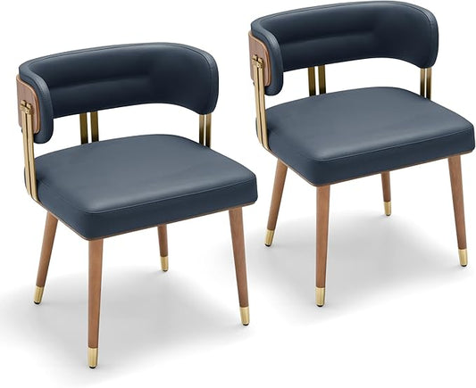 Modern Mid-Century Upholstered Leather Dining Chairs Set of 2 with Thick High-Resilience Foam, Walnut Wood Veneer,Dining Chairs with Anti-Slip Pads,Navy Blue