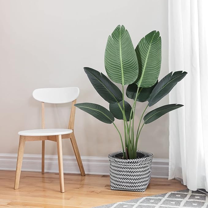 Artificial Bird of Paradise Plants 4 Ft Fake Tropical Palm Tree with 8 Trunks in Pot and Woven Seagrass Belly Basket Perfect Faux Plant for Home Indoor Outdoor Office Modern Decor Green 2Pc