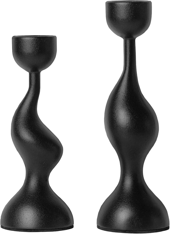 Smtyle Holloween Modern Sculptural Black Candle Stick Holders Cast-Aluminum Taper Set of 2 (7″ & 8″) Dual-Height Candlesticks for Dining Table Wedding or Home Decor