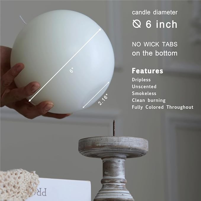 MOZEAL Hand-Poured, 6 Inch White Large Round Ball Candles - Elegant White Round Pillar Candles, Dripless, Unscented, Smokeless, Ideal for All Occasions.