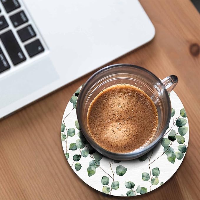 Eucalyptus Round Leaf Coasters Set for Wood Table Green Branches and Leaves Twig Natural Plant Foliage Tabletop Protection Mat for Mugs and Cups 4 Inch for Kitchen Office Home