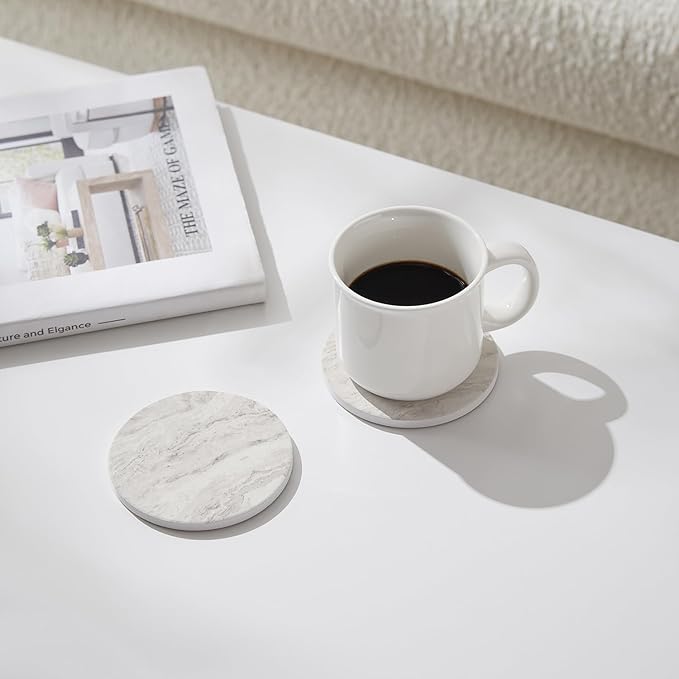 Set of 6 Off White Abstract Onyx Marble Coasters with Holder, Absorbent Ceramic Drink Coasters for Table Protection, Coffee Table Decor