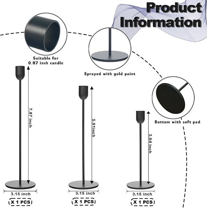 Black Tall Candle Candlestick Holder, Decorative Candlestick Holder for Wedding, Dinning, Party, Fits 3/4 inch Thick Candle&Led Candles