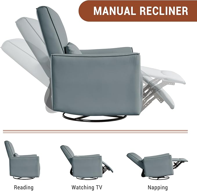 GarveeHome Recliner Chair, 360° Swivel Rocker Glider Nursery Chair with Padded Armrest and Deep Seat, PU Leather Upholstered Reclining Sofa Chair for Living Room, Bedroom and Nursery (Gray)