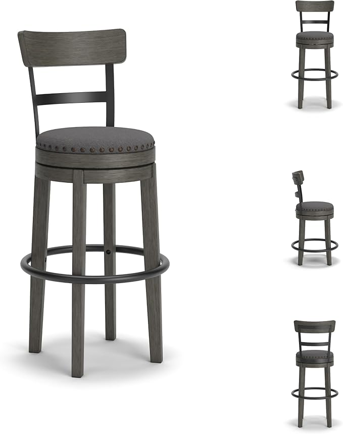Signature Design by Ashley Caitbrook 30" Farmhouse Bar Height Upholstered Swivel Barstool, Gray