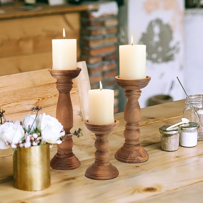 Farmhouse Wooden Candle Holders for Pillar Candles Set of 3, Rustic Wood Candle Holder Table Centerpiece Decor, 12'' 9'' 6'' Vintage Tall Candle Stand Decorative, Brown