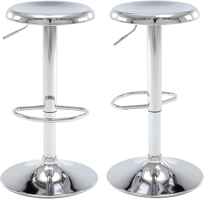 Bar Stools - 2 Pack, Adjustable Swivel Height Counter Bar Stool, Modern Metal Barstools, Backless Barstool for Bar, Kitchen Island, Pub, Silver