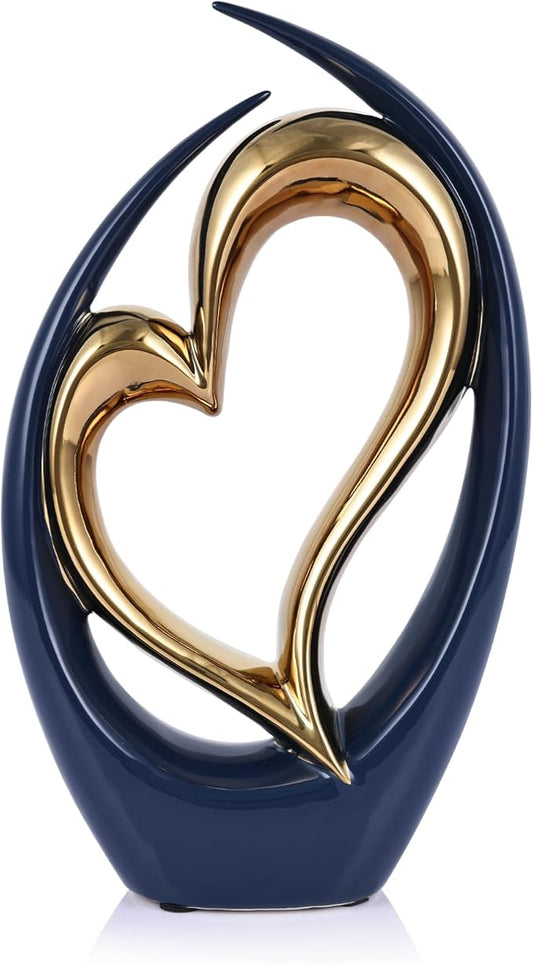 Ceramic Heart Decor Love Statue, Navy Blue Gold Double Hearts Sculptures for Home Table Centerpiece Decor, Valentine, Wedding, Decorative Items for Shelves, Coffee Table Decor (Hug Heart-Tall)