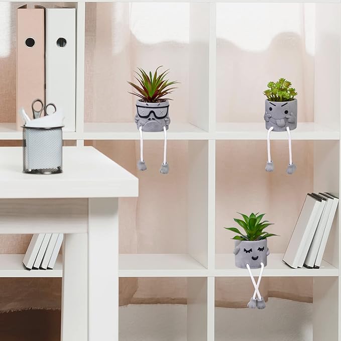 Set of 3 Artificial Succulents Potted Plants Faux Succulents Desk Decoration Fake Mini Plants in Grey Pots Faux Plants Kitchen Shelf Desk Decor Small Bathroom Decor for Shelves