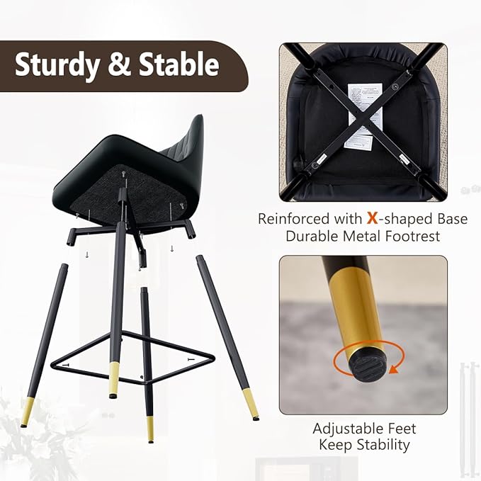 Bar Stools Set of 4,Counter Height Bar Stools with Back,Modern Faux Leather Kitchen Stools,27"Black Bar Stool with Stable Metal Leg,Armless Counter Height Chair for Kitchen Island Coffee Corner