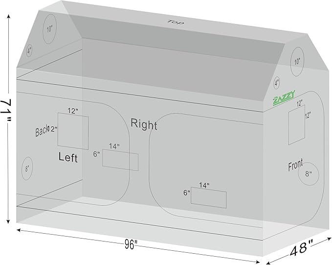 zazzy 4x8 Grow Tent, 96"x48"x72" Roof Cube Indoor Plant Grow Tents with Observation Windows, Lightproof Roof Cube Mylar Hydroponic Growing Tent with Floor Tray Plant Growth