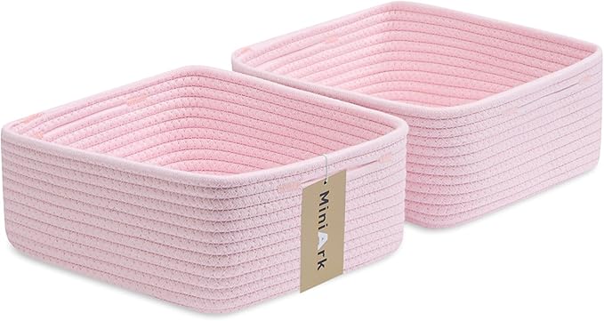 Small Square Shallow Baskets for Organizing, 9.7x9.7x4.3 Inch Rope Woven Storage Bins for Cubes Closet, Shelves Storage, Boho Decorative Basket, 2 Packs Light Pink