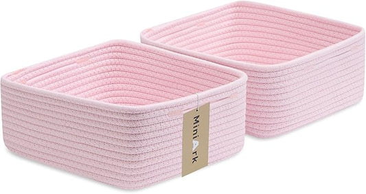 Small Square Shallow Baskets for Organizing, 9.7x9.7x4.3 Inch Rope Woven Storage Bins for Cubes Closet, Shelves Storage, Boho Decorative Basket, 2 Packs Light Pink