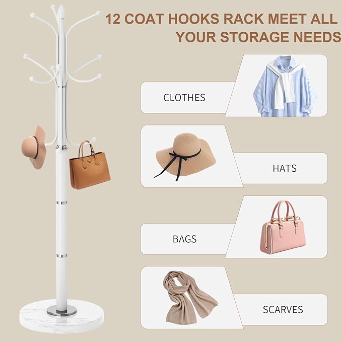 Modern Metal Coat Rack Stand, Coat Rack Freestanding with Natural Marble Base, Sturdy Heavy Duty Coat Racks with 12 Hooks, Coat Hall Tree Stand for Entryway, Office (12 HOOKS-White)