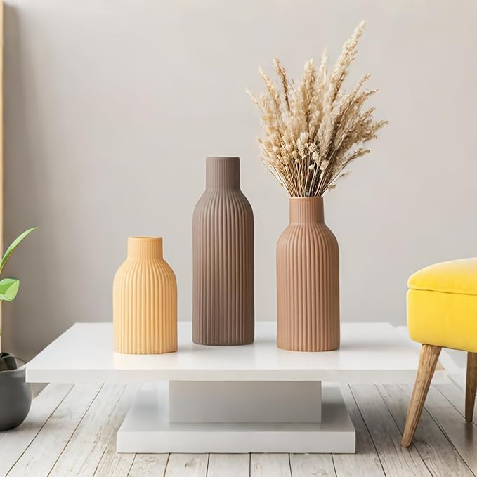 Modern Ceramic Vases Set of 3, Coffee Table Ribbed Decorative Vases, Shelf Table Centerpiece for Home Decor (Coffee Mix)