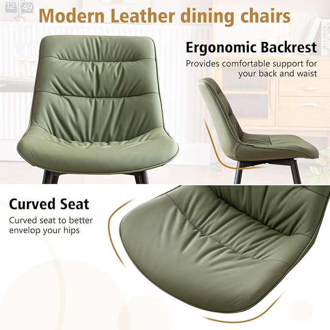 Kidol & Shellder Dining Chairs Set of 2, Modern Upholstered Faux Leather Kitchen Side Chairs with Comfortable Back - Mid-Century Armless Chair for Dining Living Room Bedrooms, with Metal Legs (Green)