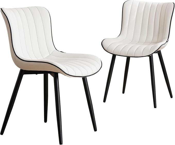 YOUNUOKE Mid-Century Modern Dining Chairs Set of 2, White PU Leather Upholstered Kitchen Chairs with Black Metal Legs, Armless Accent Chair for Dining Room, Guest Reception Room