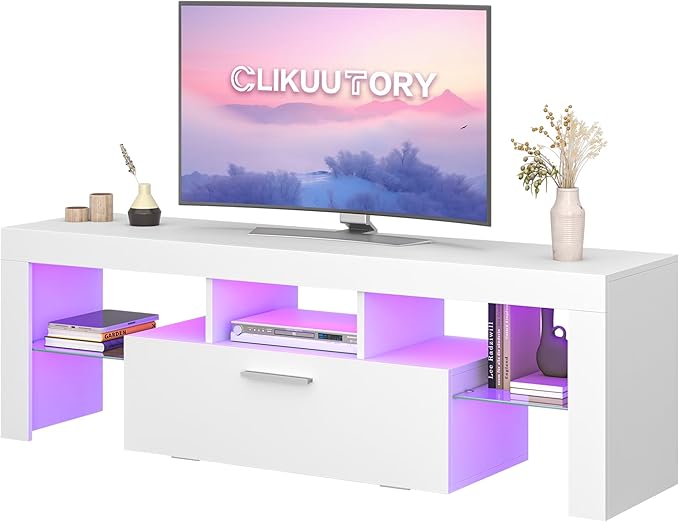 Clikuutory Modern Lighting 51 inch TV Stand with Large Storage Drawer for 32 40 50 55 Inch TVs, TV Console with 20 Color LED Lights, Entertainment Center Media and Open Shelf for Bedroom, White