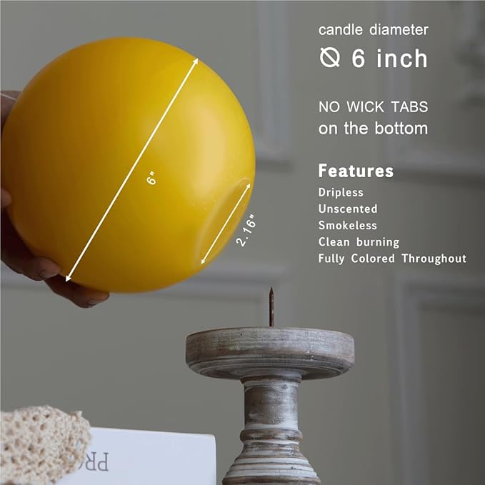 MOZEAL Hand-Poured, 6 Inch Yellow Large Round Ball Candles - Elegant Yellow Round Pillar Candles, Dripless, Unscented, Smokeless, Ideal for Spring and Summer Parties.