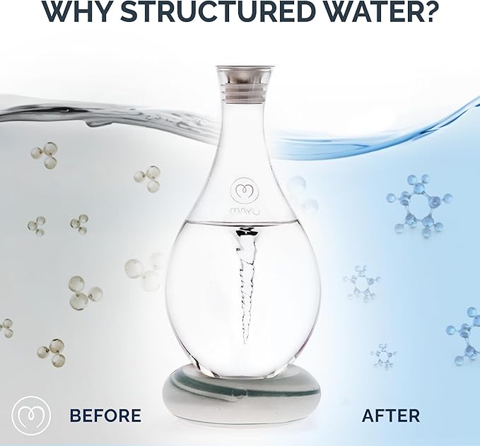 MAYU Swirl Structured Water Carafe - Innovative Vortex Technology Handblown Pitcher. Post Reverse Osmosis Filter Aerating Water Dispenser Stand 1.5 Liter| 51Oz Dining Glass Jug Design (Graystone Base)