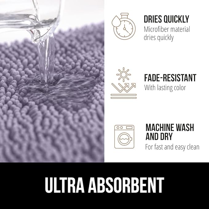 GORILLA GRIP Bath Rug Mat, Soft Absorbent Chenille, Quick Dry Microfiber Mats, Rubber Backing Washable Shower Floor Rugs, Bathmat Runner, US Designed Bathroom Home Decor Accessories 24x17 Light Purple