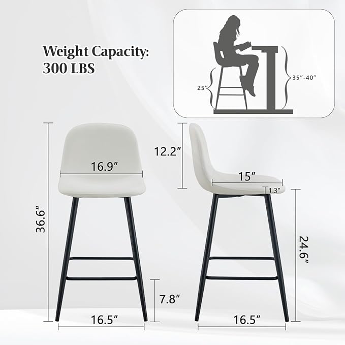 White Barstools Set of 2, 24.6" Counter Height Bar Stools with Back & Metal Footrest, Modern Island Chairs Set of 2 for Kitchens Island Home Bar